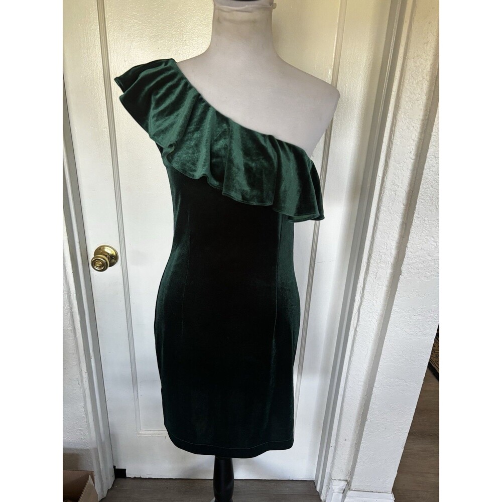 Green Stretch Velvet Ruffle One Shoulder Bodycon Sheath Party Cocktail Sexy Sz S